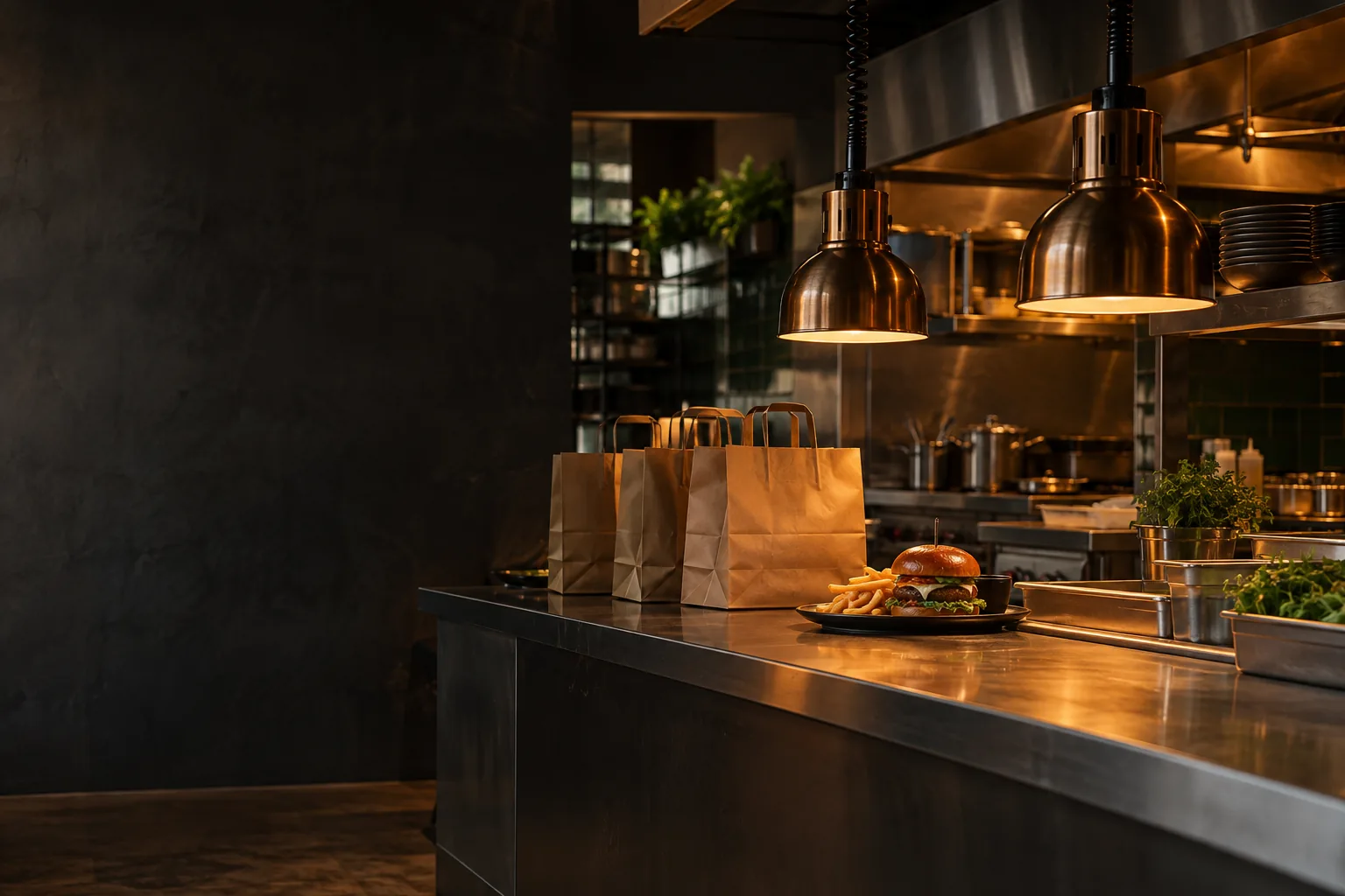 Warm restaurant kitchen pass with delivery orders prepared for service